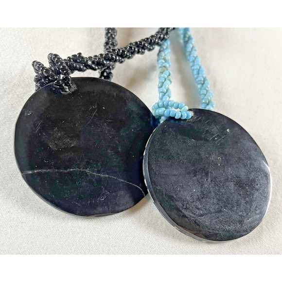 Artisan Handmade Beaded Medallion Pendant Rope Necklace x2 Black Turquoise Blue - Picture 5 of 8